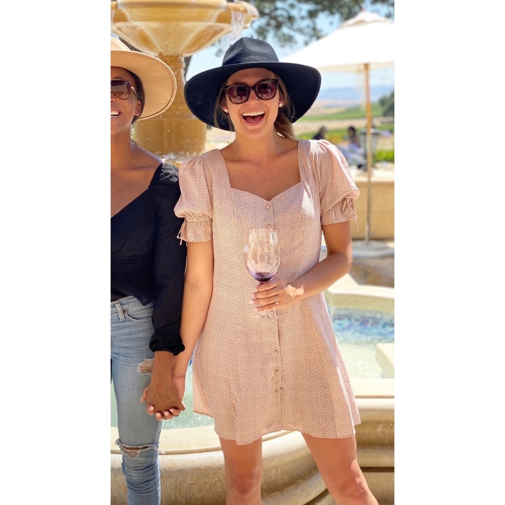 Pink polka dot dress, cute buttons and sleeves